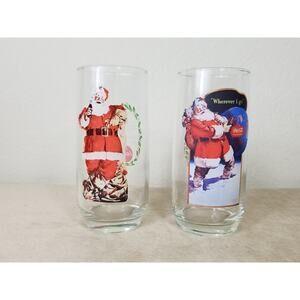 Christmas Coca Cola Coke Tumbler Tall Glass 16oz Santa 6 1/2" Drinkware 90's x2